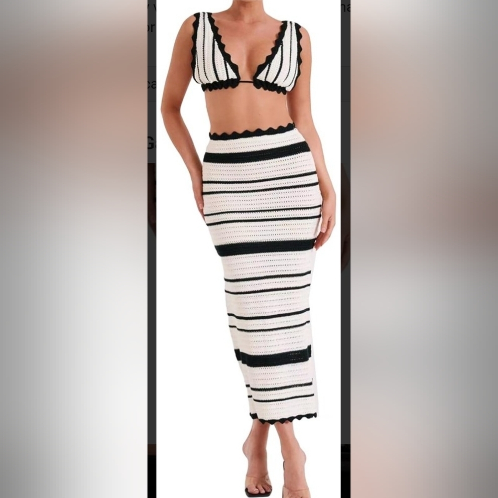 Bold Black and White Striped Crochet Bikini Top And Bodycon Skirt